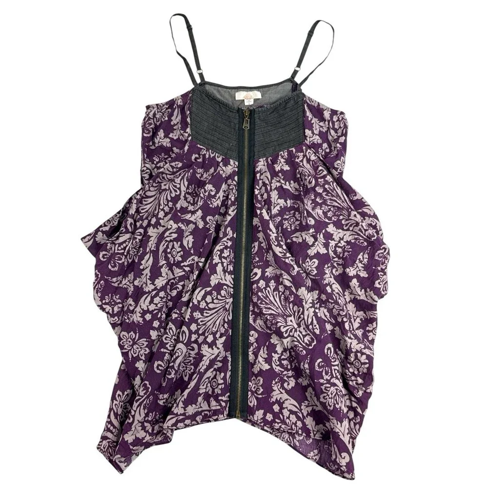 Kaitlyn Purple Floral Handkerchief Hem Cold Shoulder Zip Front Top Size S